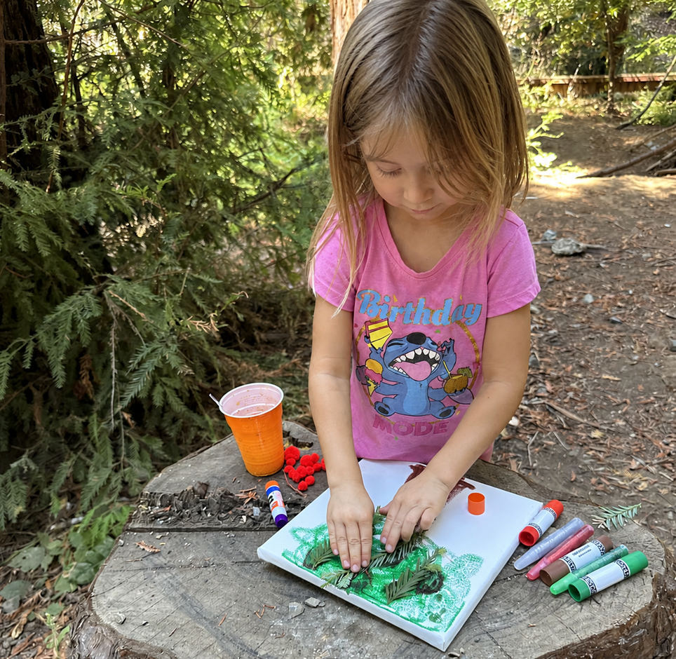A child carefully wrapping colorful rubber bands around crossed wooden dowels to build a lever launcher.