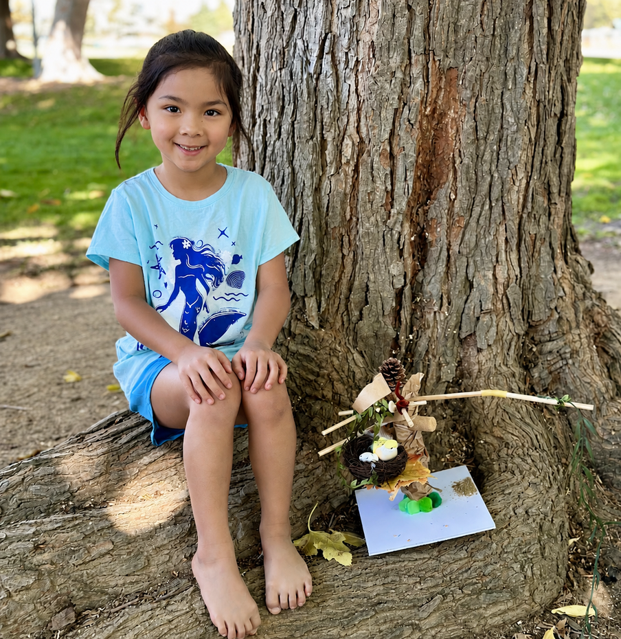 A child focused on engineering a defensive fighter tree, carefully threading jointed branches to protect the forest dove's nest.