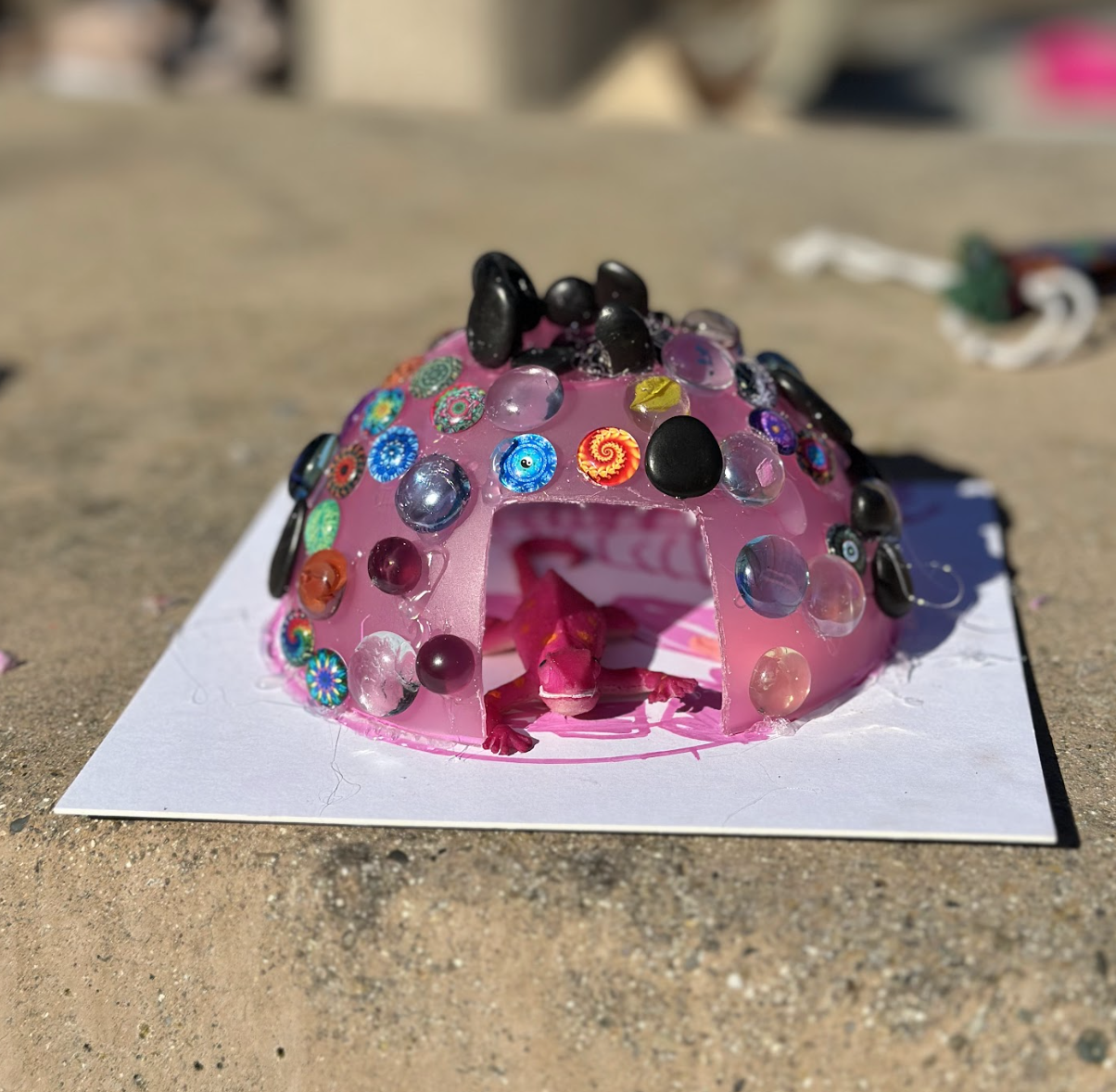 A finished plastic lizard home nestled in the grass, showing oriented windows and stones inside.
